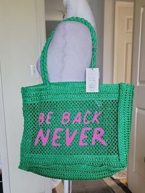 Green Crochet Tote Bag with Pink 'BE BACK NEVER' Text